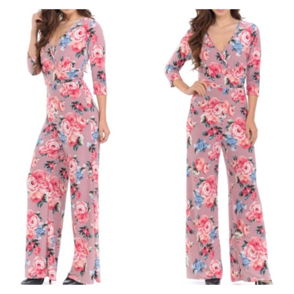 Pink Floral 3/4 Sleeve V Neck Jumpsuit